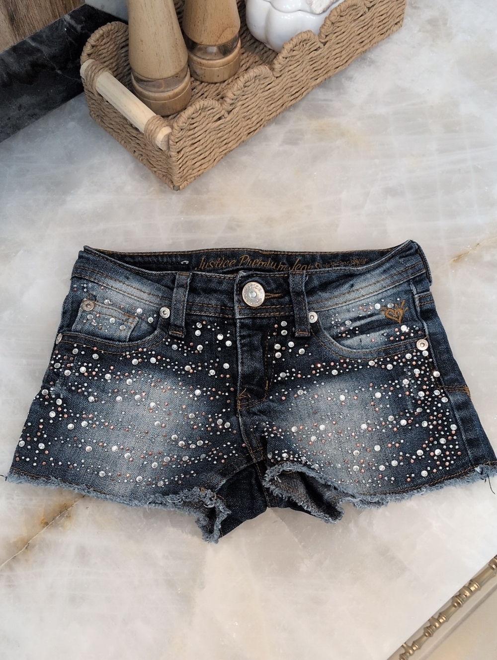Justice Dark Wash Denim Jean Shorts with Rhinestone Accents